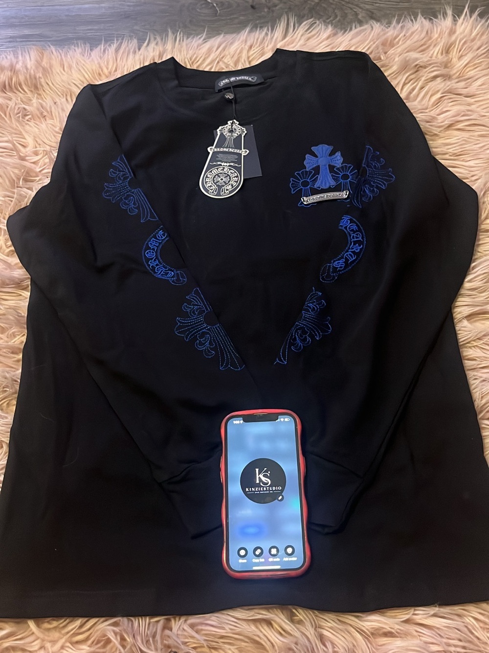 Chrome Hearts Black Crewneck Sweater with Blue Embroidery